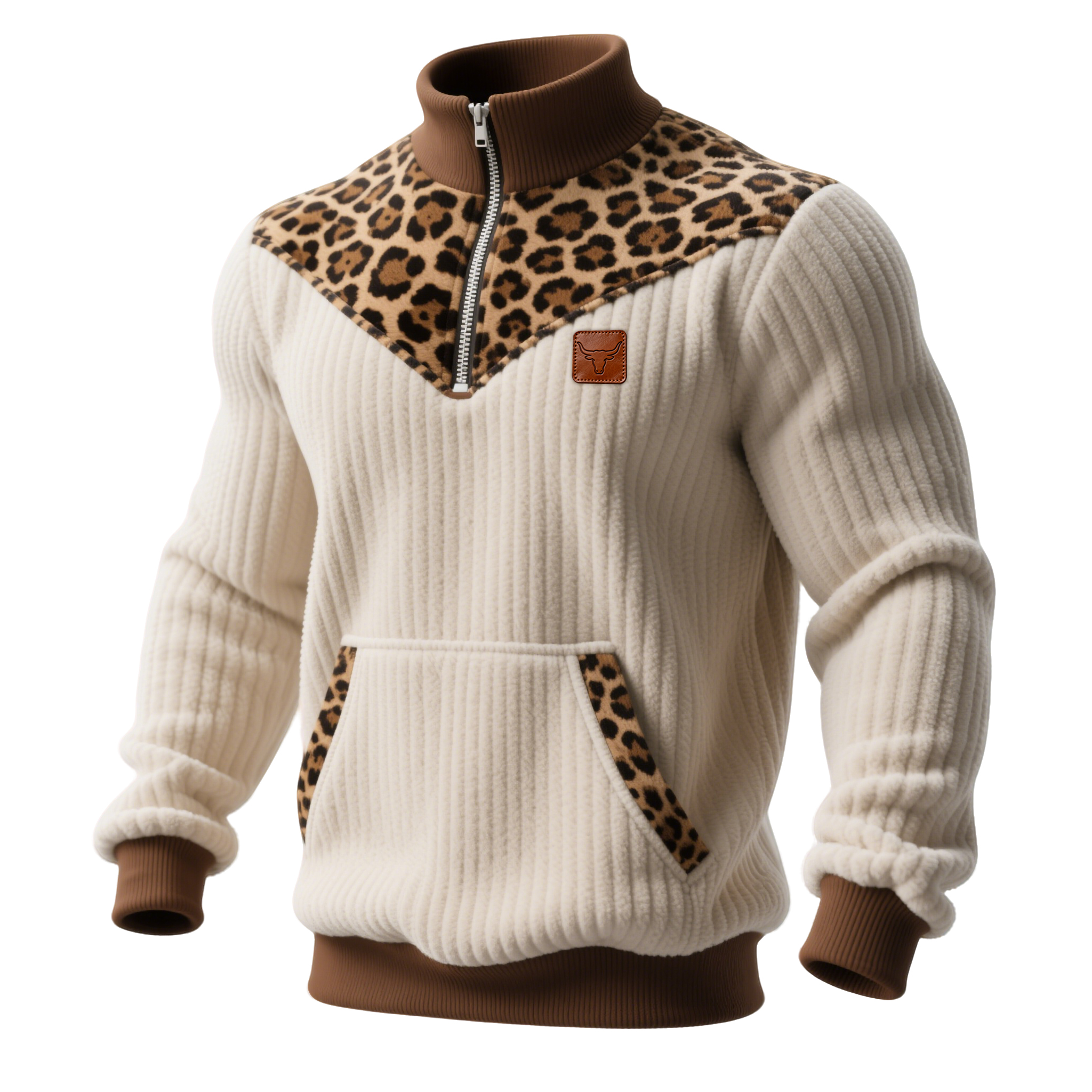 Men's Retro Corduroy Color Block Leopard Print Half-Zip Stand Collar Sweatshirt