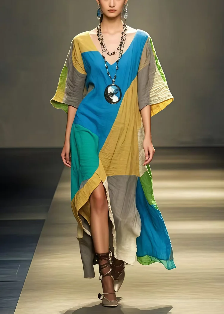 Art Polychrome Asymmetrical Patchwork Applique Cotton Long Dress Summer