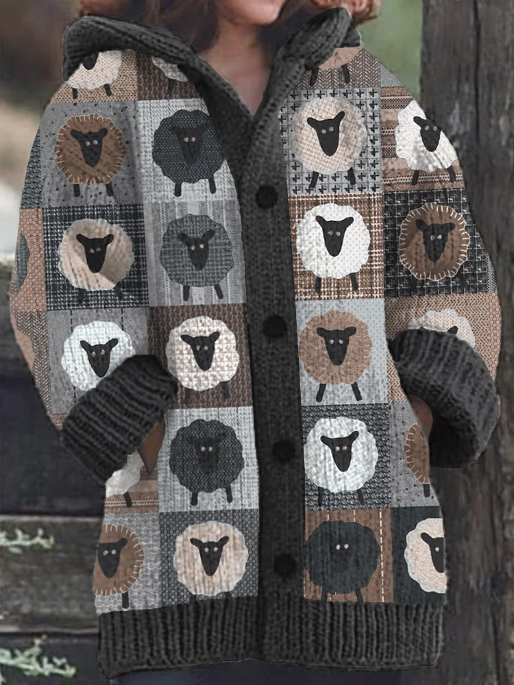 Sheep Pattern Patchwork Knit Hooded Cardigan