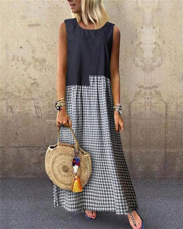 fashion crew neck sleeveless patchwork maxi dress p119967