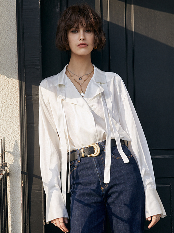 Pearly Texture Pure White Silk Shirt REAL SILK LIFE