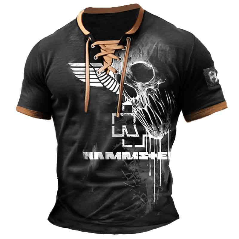 Men's T-Shirt Rammstein Rock Band Skull Vintage Lace-Up Short Sleeve Color Block Summer Daily Tops / TECHWEAR CLUB / Techwear