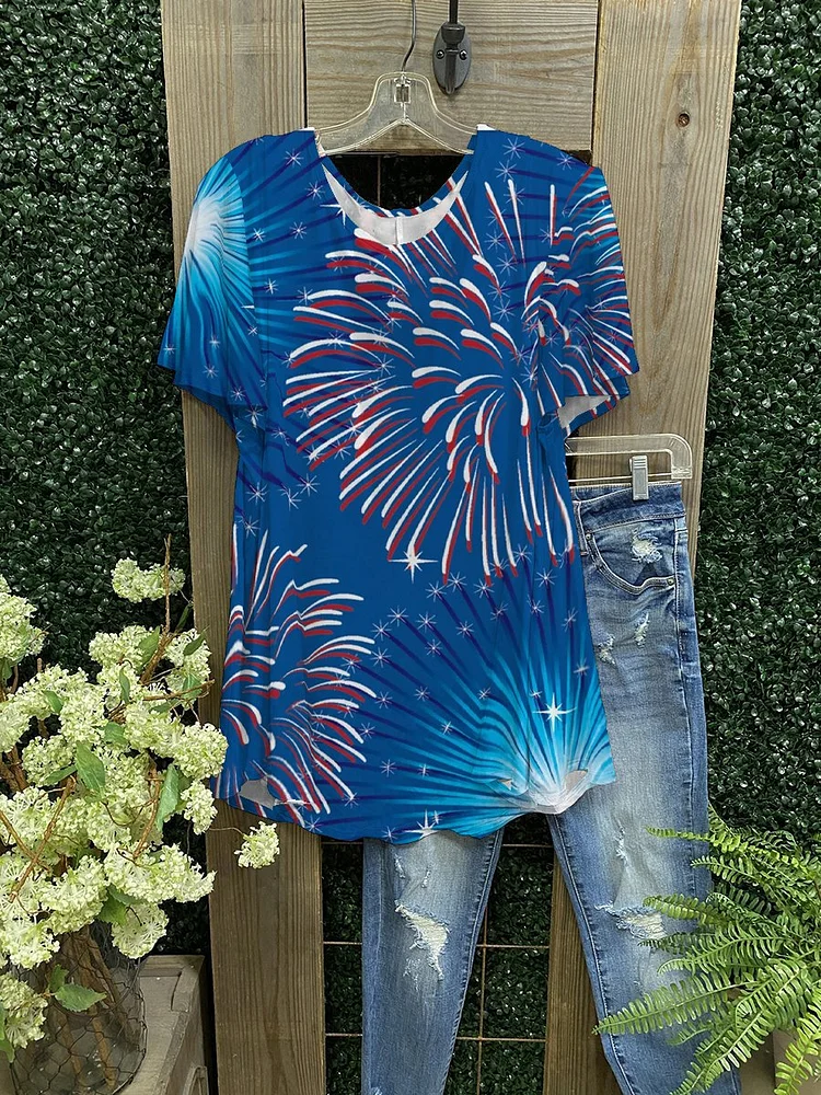 Women's Blue Firework Print T-shirt-Mayoulove