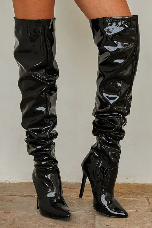 Pointed Toe Zipper Stiletto Heeled Over The Knee Boots-Black