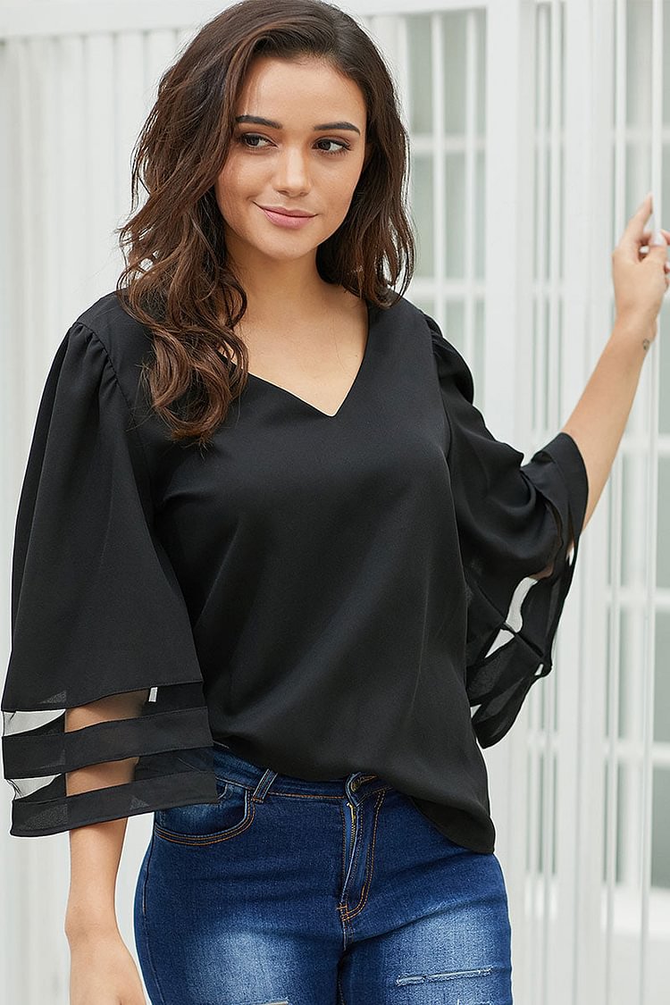 V Neck Patched Tulle Blouse - BlackFridayBuys