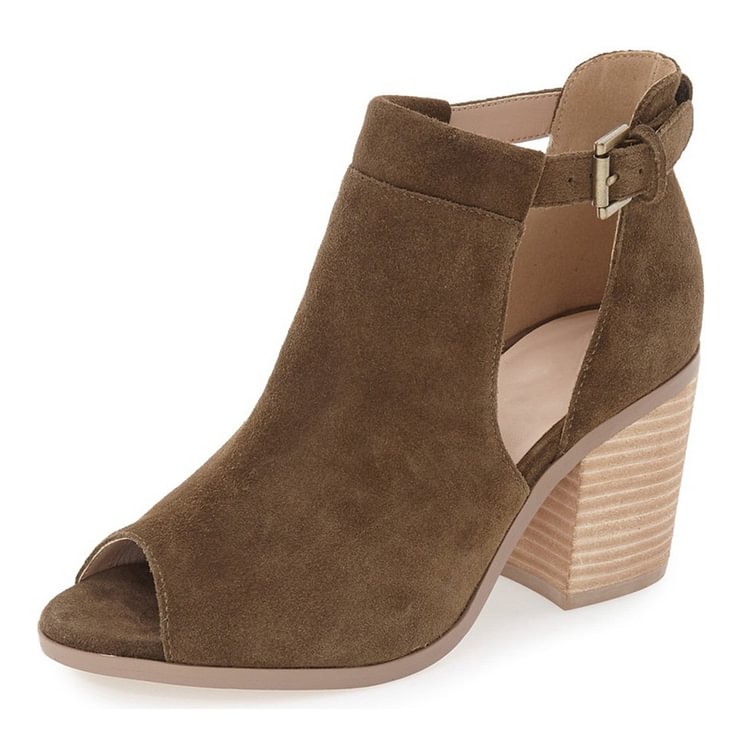 FSJ Brown Cut Out Boots Suede Wooden Block Heel Peep Toe Ankle Boots |FSJ Shoes