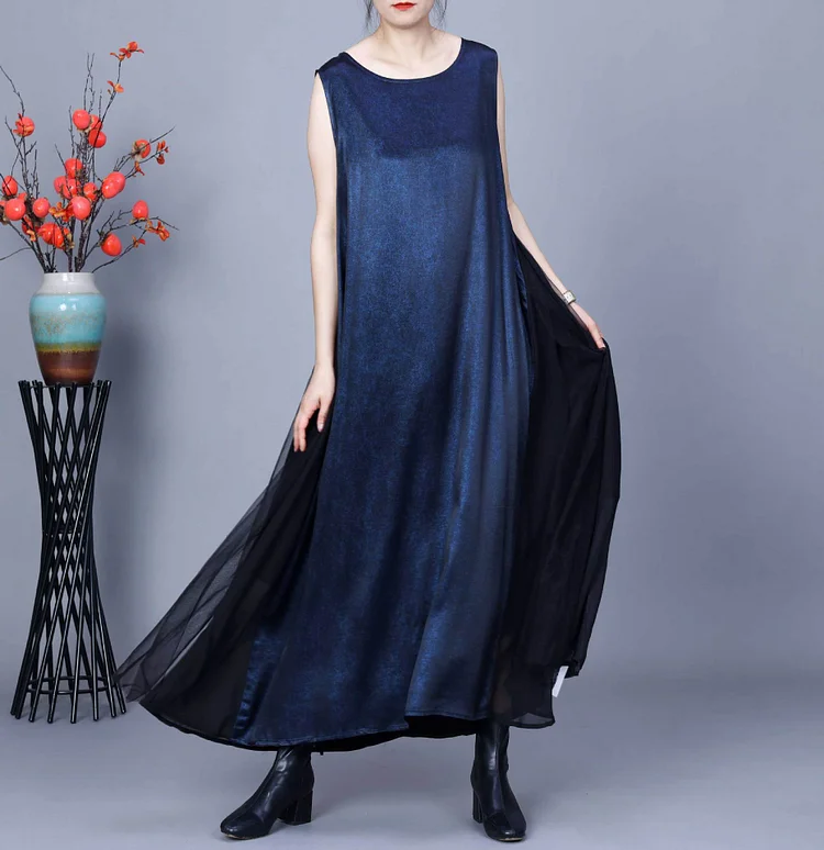 Simple Versatile Spliced Mesh Sleeveless Maxi Dress