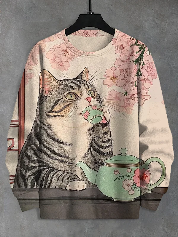 Men's Cat Drinking Tea Under A Sakura Tree Japanese Art Print Casual Sweatshirt