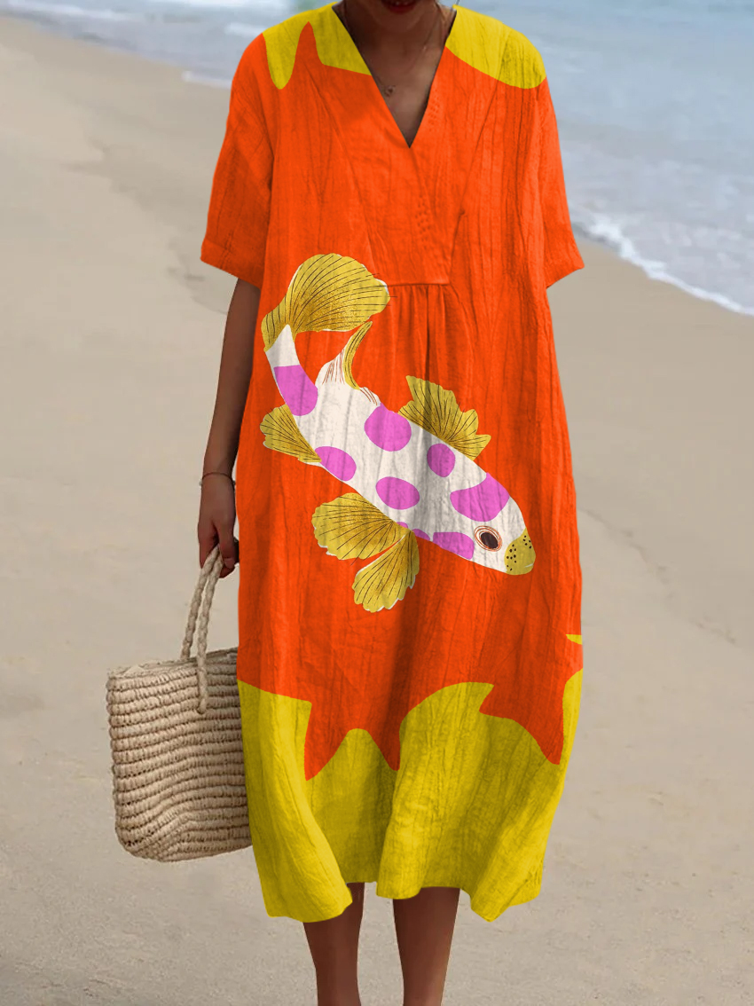 Women's Vintage Fish Art Print Flowy Dress