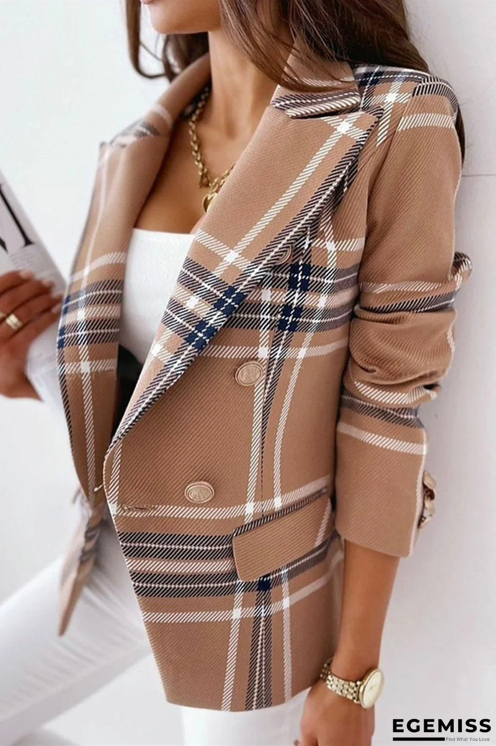 Light Coffee Fashion Casual Print Patchwork Slit Turn-back Collar Outerwear | EGEMISS