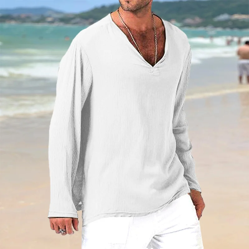 Men's Linen V-Neck Casual Loose Breathable Top Shirt