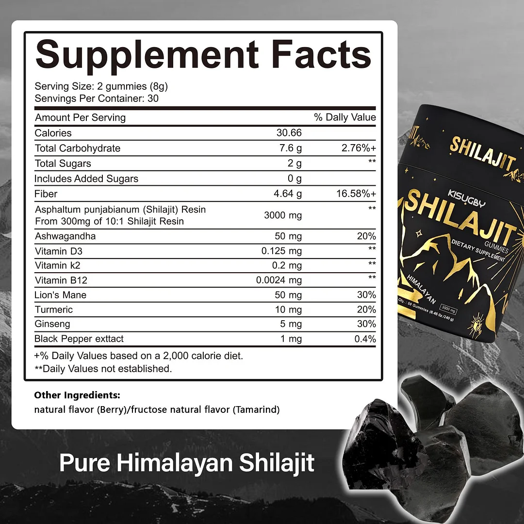 KISUGBY  Shilajit Gummies I Lab Tested I No Added Sugar I Ashwagandha, Gokshura| Fulvic Acid & 85+ Trace Minerals I for Men, Women I 100% Natural I 60 Gummy
