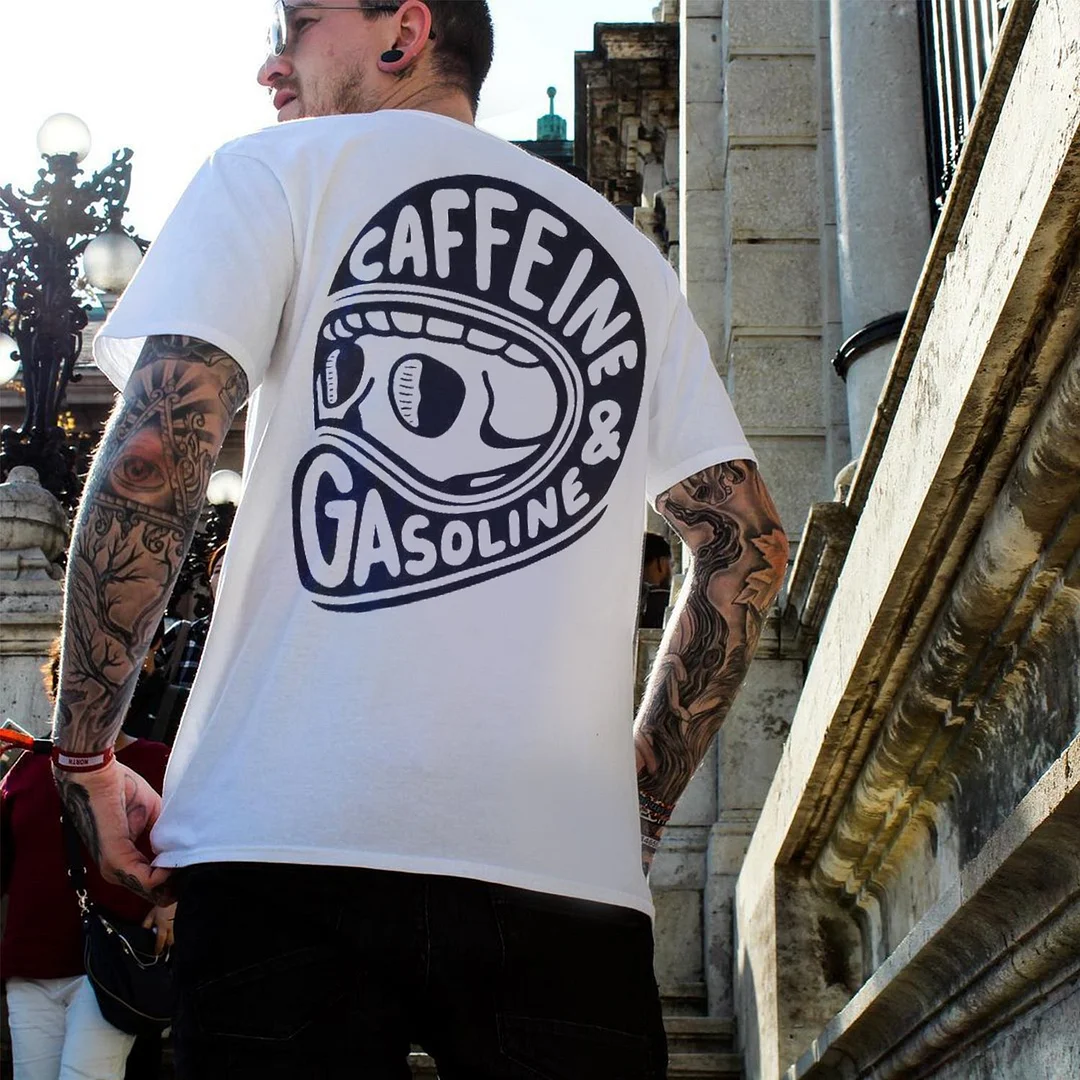 Modern Orange or Black Caffeine & Gasoline White Print T-shirt