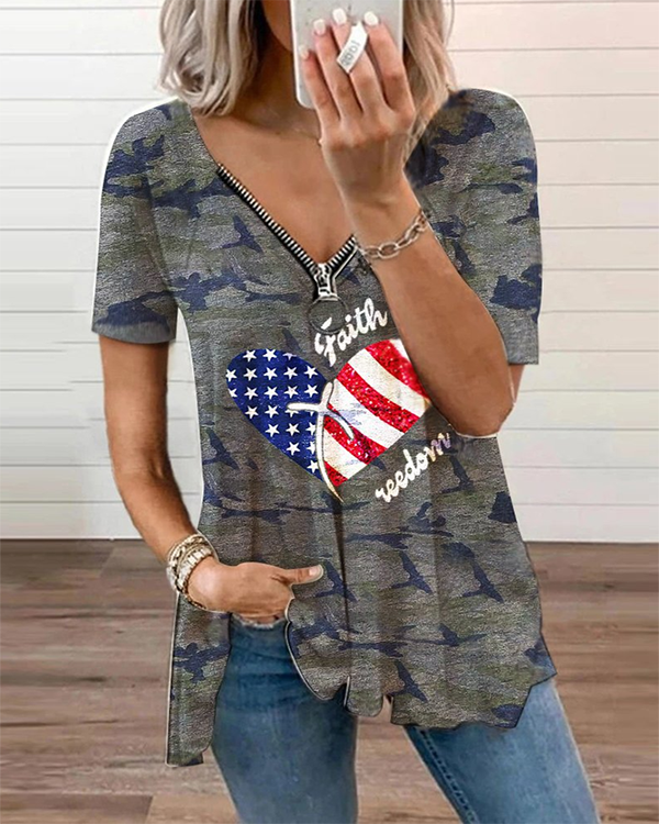 Casual Stars and Stripes Grey Camo Print Top - Chicaggo
