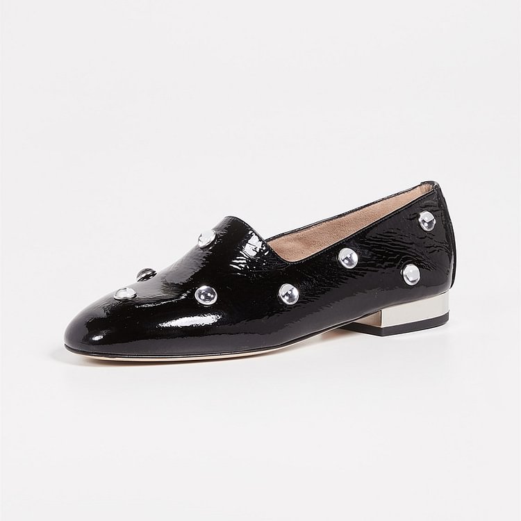 Black Patent Leather Rhinestone Loafers for Women |FSJ Shoes