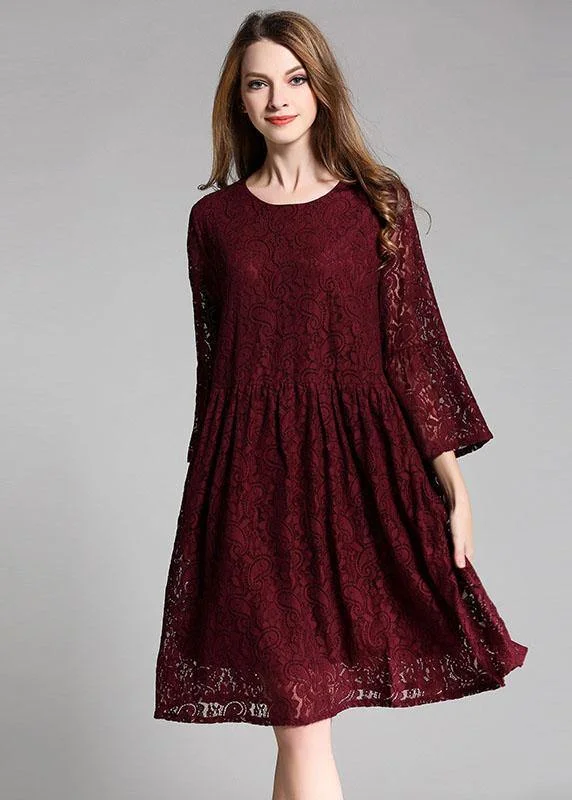 Loose Mulberry Lace Wrinkled  Long Dress Three Quarter Sleeve