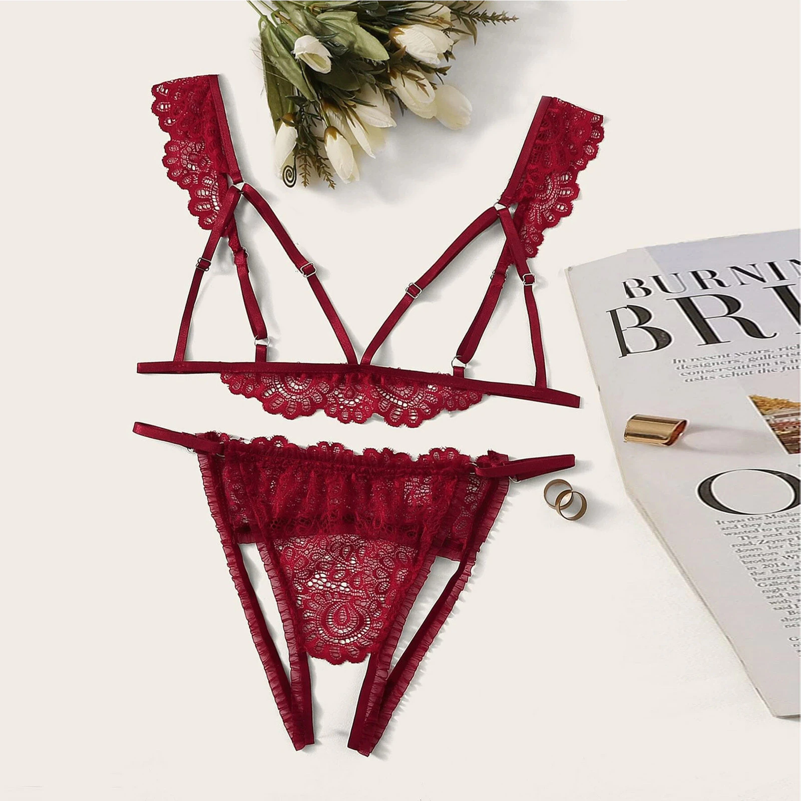 Uaang Lingerie Sexy Hollow Out Lace Bra And Crotchless G String