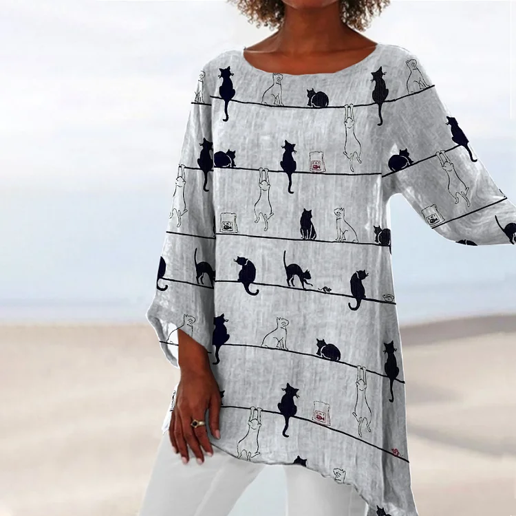 Vefave Cat Print Crew Neck Loose Casual T-Shirt