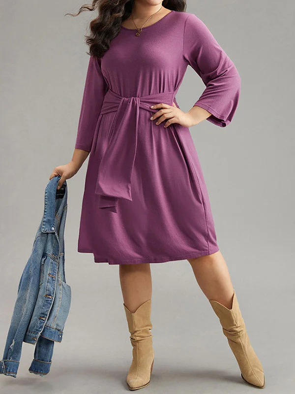 Knot Solid Color Long Sleeves Loose Round-Neck Midi Dresses