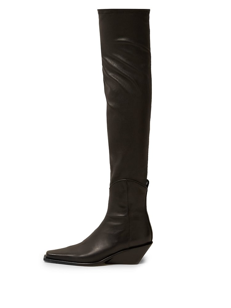 Black Square Toe Wedge Booties Knee-high Boots |FSJ Shoes