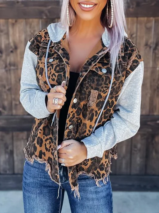 Leopard Distressed Terry Knit Hooded Jacket