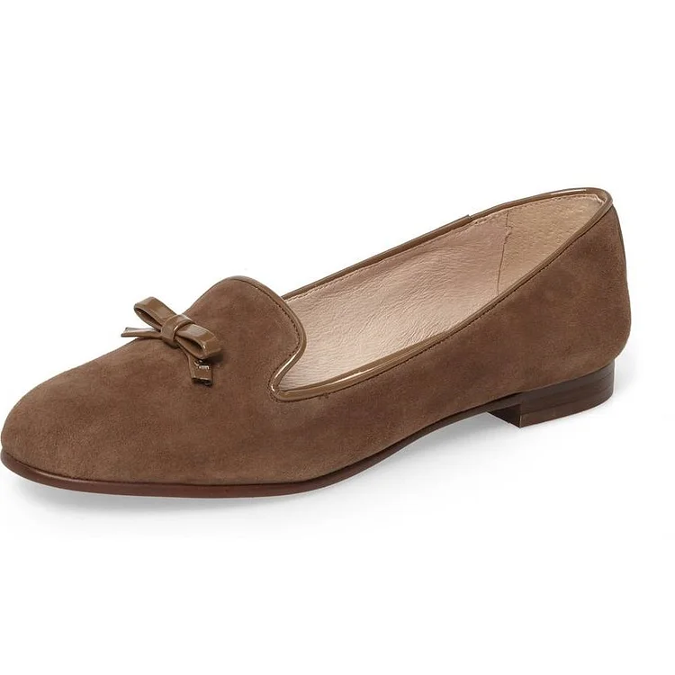 Brown Vegan Suede Bow Flats Loafers for Women |FSJ Shoes