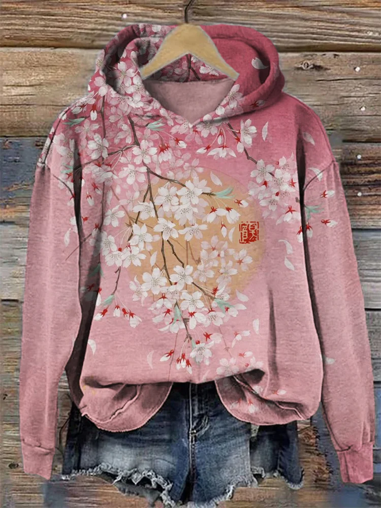 Comstylish Cherry Blossom Full Moon Japanese Art Gradient Hoodie
