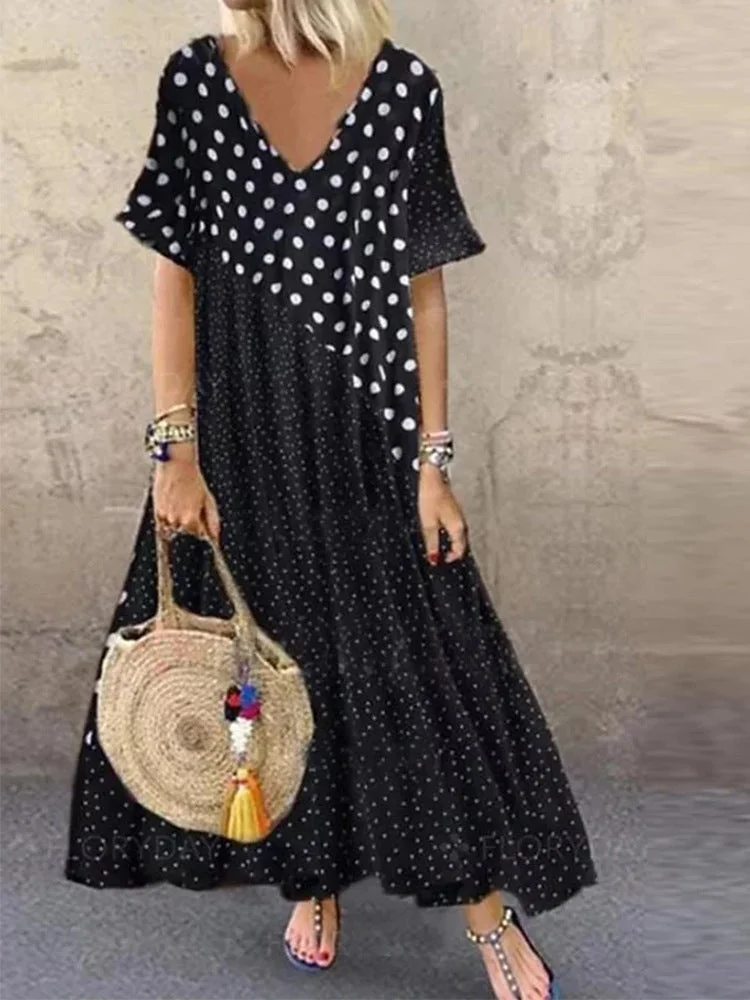 Dot stitching urban casual V-neck short-sleeved long dress socialshop