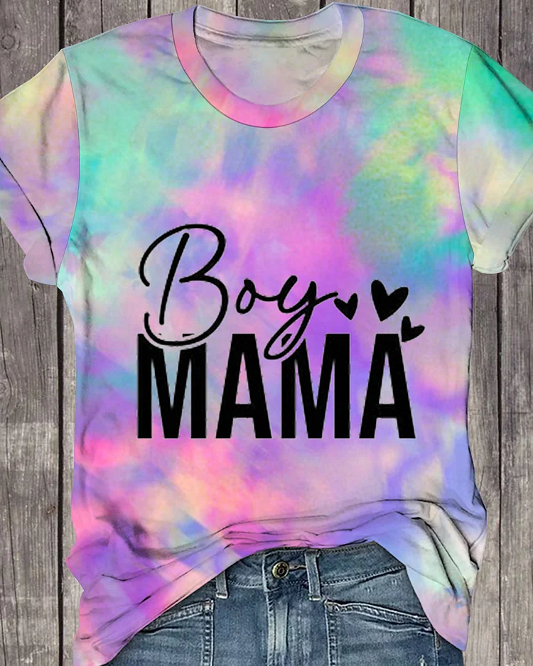 Boy Mama Ombre Print Round Neck Short Sleeve T-shirt