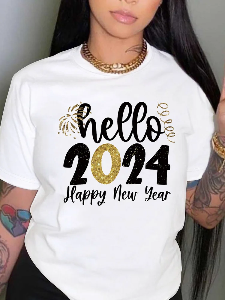 Hello 2024 Print Crew Neck T-shirt, Casual Short Sleeve Top For Spring & Summer, Women's Clothing