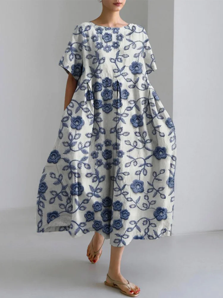 Comstylish Embroidery Floral Splicing Design Linen Blend Dress