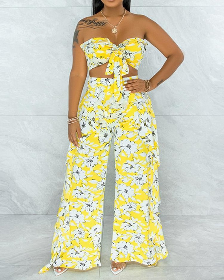 Floral Print Ruffle Trim Self-Tie Top & Pants Set - Shop Trendy Women's Clothing | LoverChic