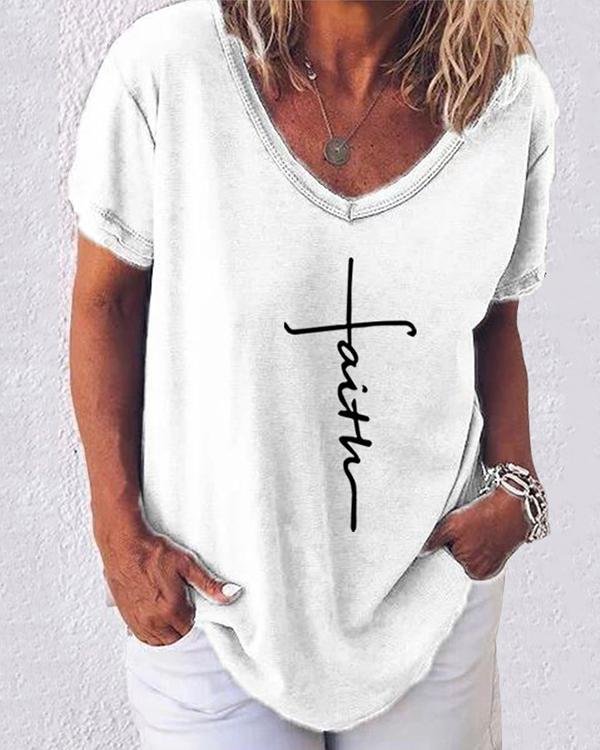 Print V-Neckline Short Sleeve Casual T-shirts - Chicaggo