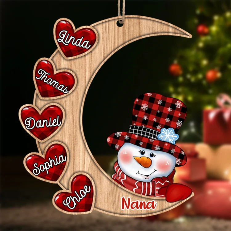 Personalized Wooden Christmas Snowman Ornament Custom 2–13 Names Moon Christmas Ornaments Gift for Family