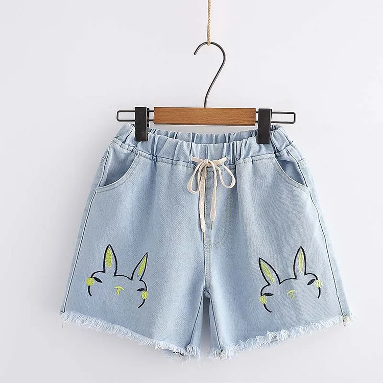 Rabbit Embroidery Denim Shorts