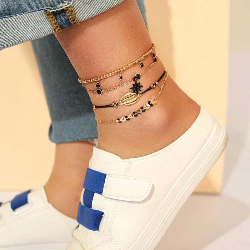 4-Piece Bohemian Geometric Shell Multilayer Anklet Wholesale Cheap Jewelry