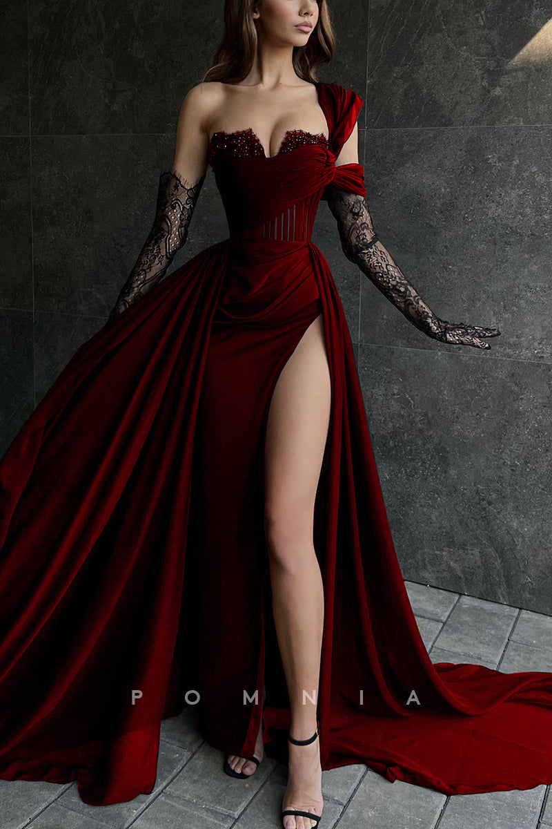 one shoulder chiffon prom dress Chiffon A-line One Shoulder Lace Prom Dresses, Evening Gown, Formal Dress, MP633