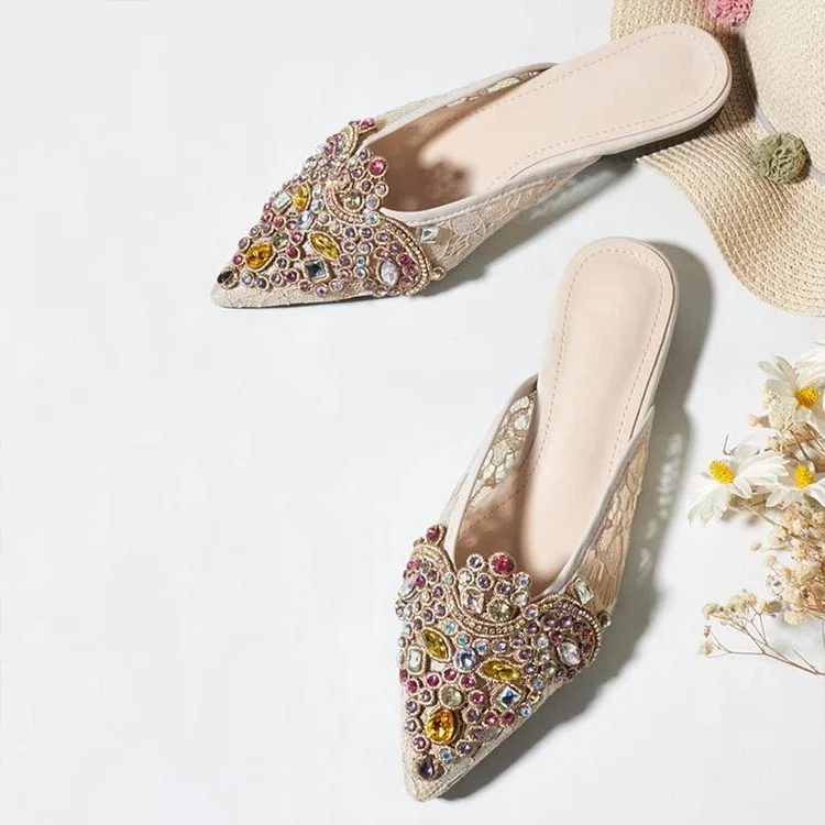 Elegant Beige Wedding Shoes Pointed Toe Rhinestone Flat Mules |FSJ Shoes