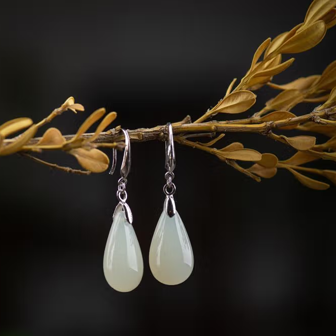 High Standard Huge Saving Hetian white jade long earrings temperament drop earrings simple temperament silver