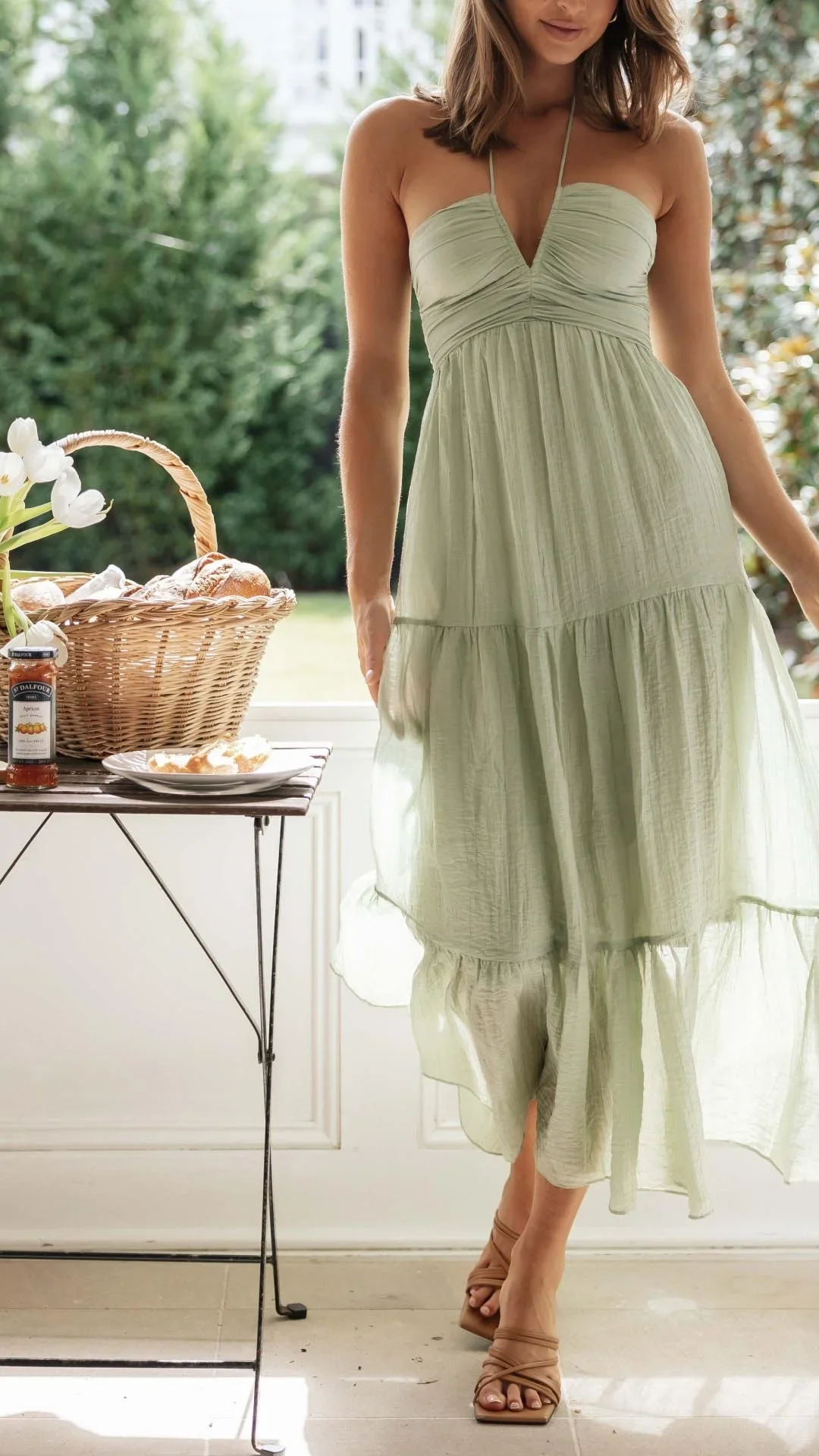 Women's Dresses Mid Green Flowy Skirt Halter Maxi Dress