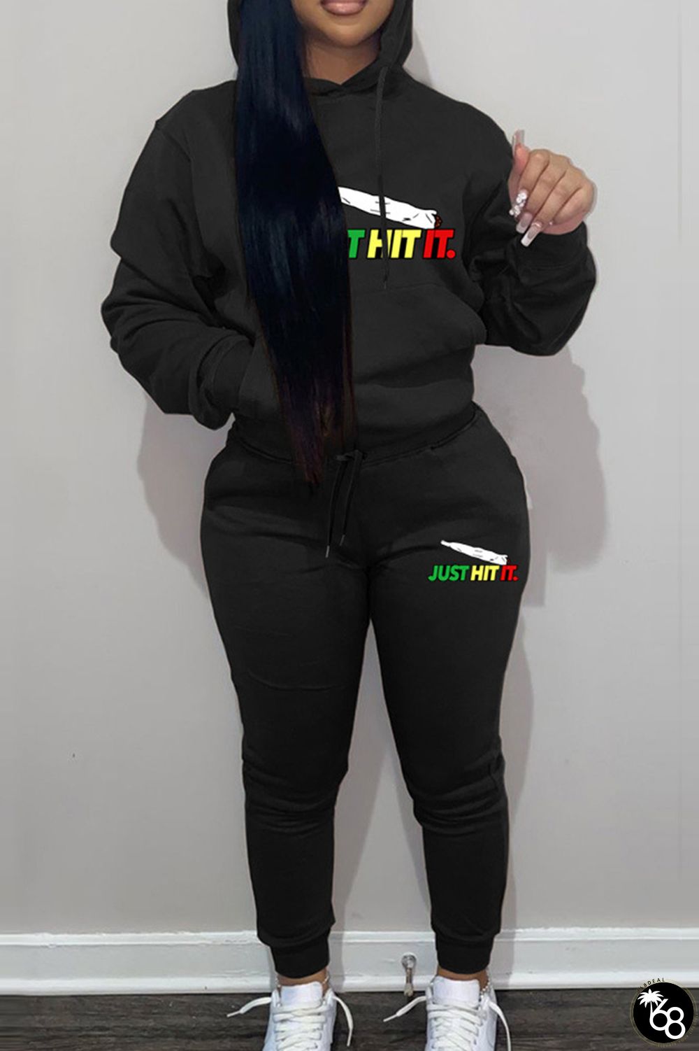 Casual Print Patchwork Draw String Pocket Hooded Collar Long Sleeve Two Pieces | 168DEAL