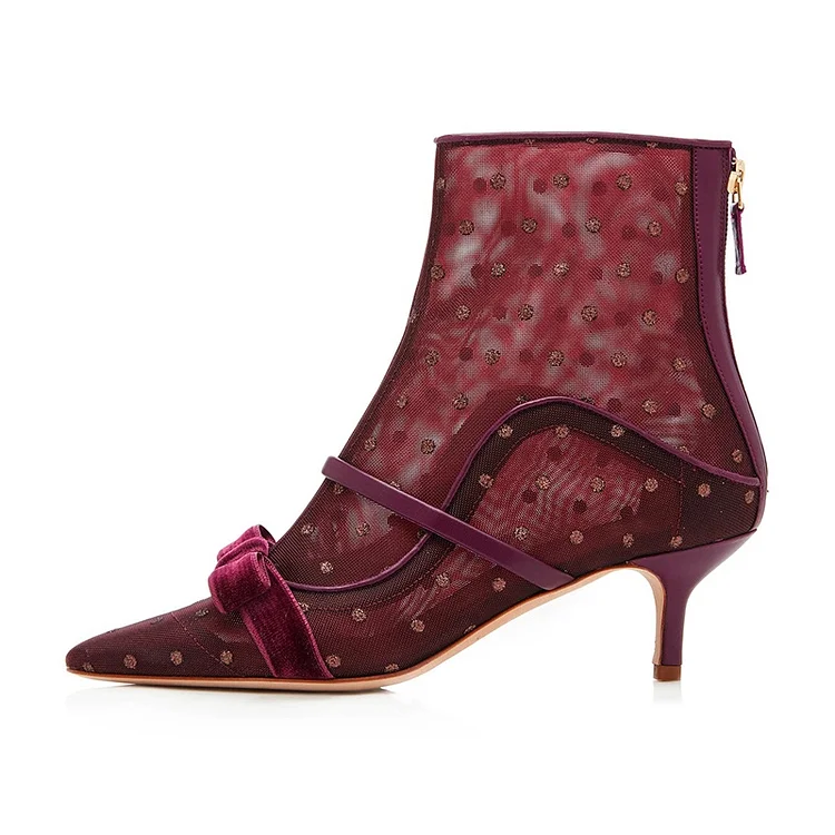 Maroon Mesh Kitten Heel Boots with Polka Dots and Bow Vdcoo