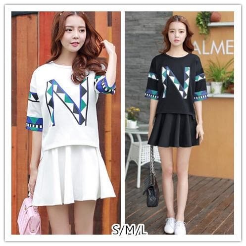 S/M/L White/Black Letter Printing T-shirt + Skirt Set SP152606