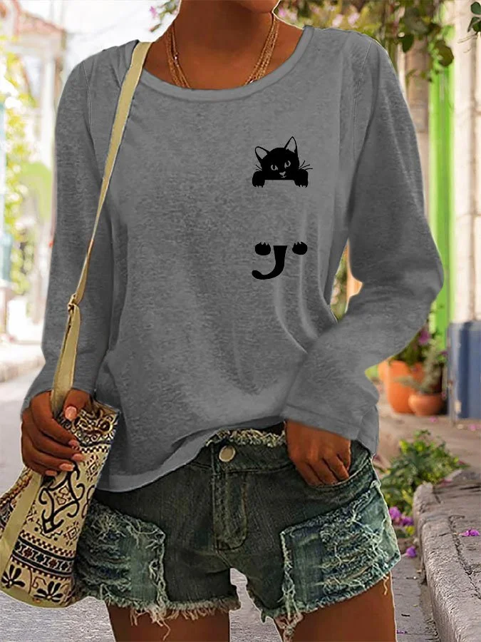 Cat Print Long Sleeve T-Shirt socialshop