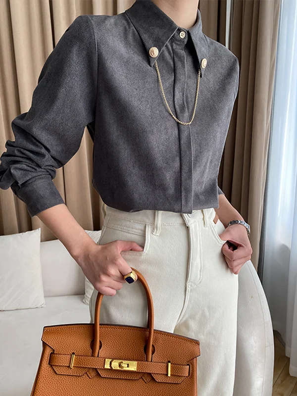 Minimalist Long Sleeves Roomy Buttoned Pure Color Lapel Collar Blouses&Shirts Tops