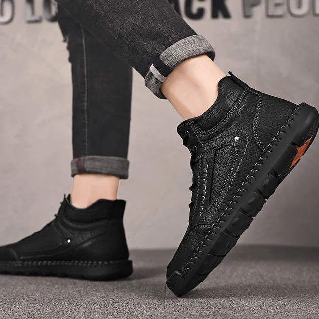 Semi High Patchwork Leather Sewed Flat Boots