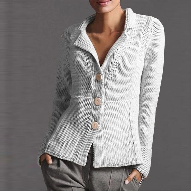 Vefave Vintage Solid Lapel Button Sweater Cardigan