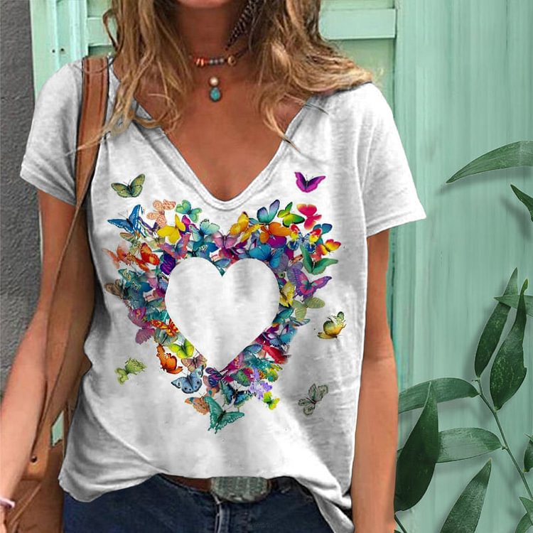 VChics Casual Butterfly Heart Print Round Neck T-Shirt