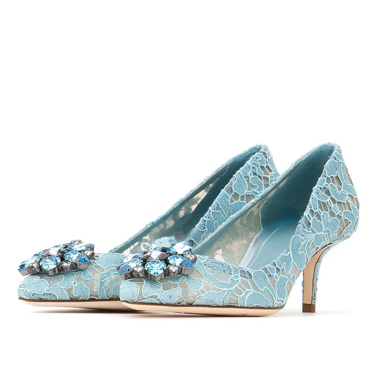 Light Blue Pointed Toe Wedding Rhinestone Lace Heels Pumps Vdcoo