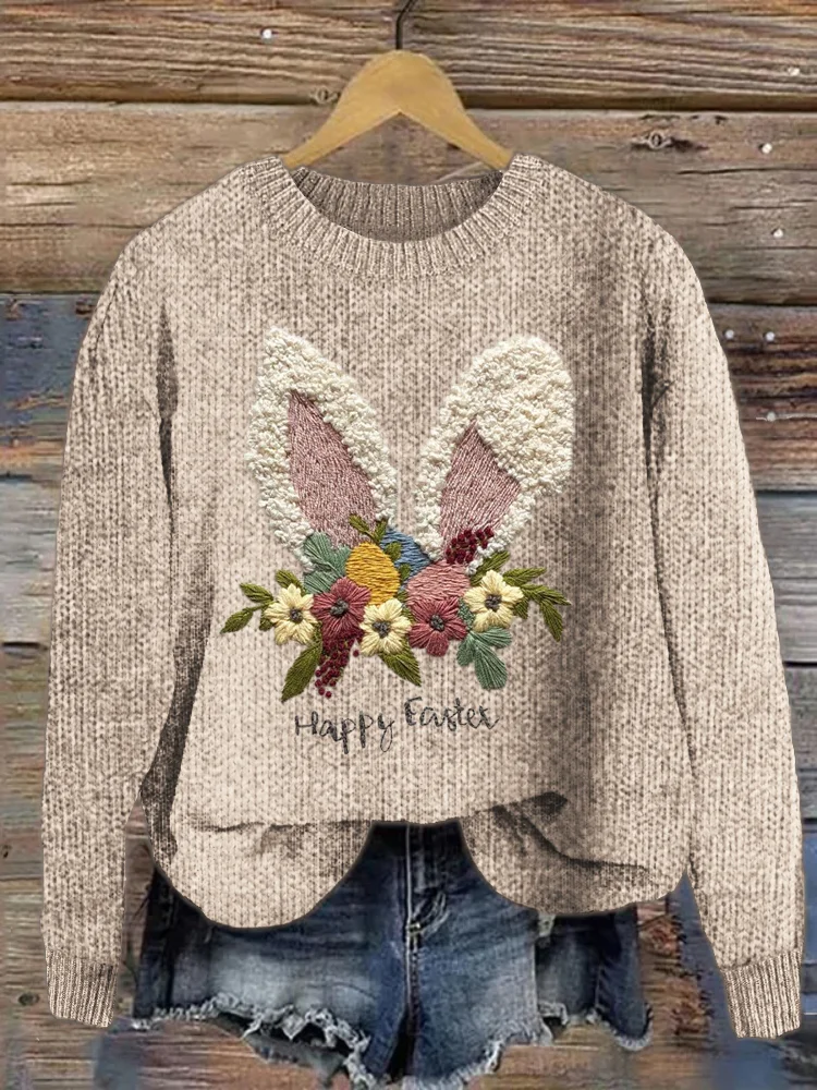 VChics Happy Easter Bunny Floral Pattern Cozy Knit Sweater